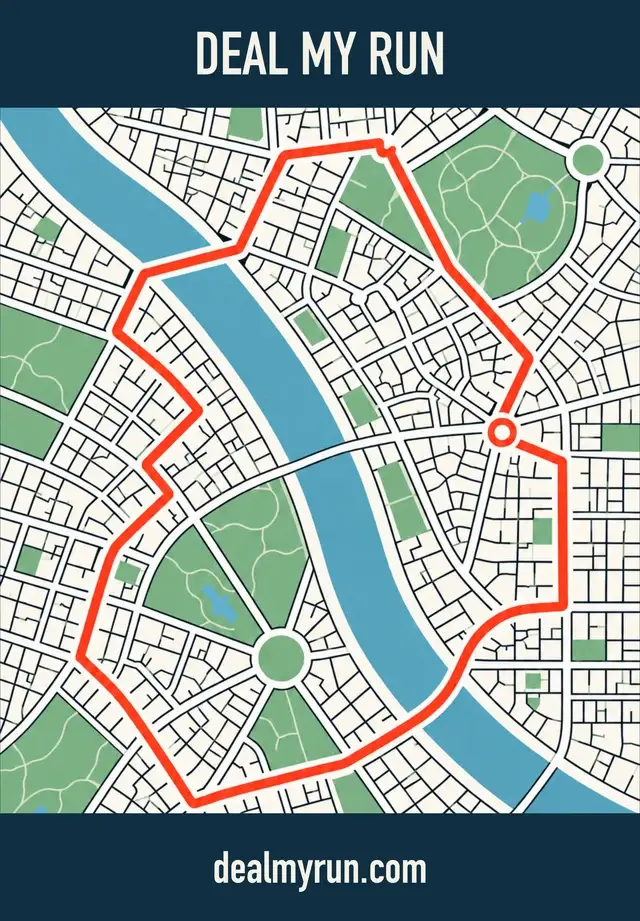 Deal My Run card back, with an illustrated street map and orange running route